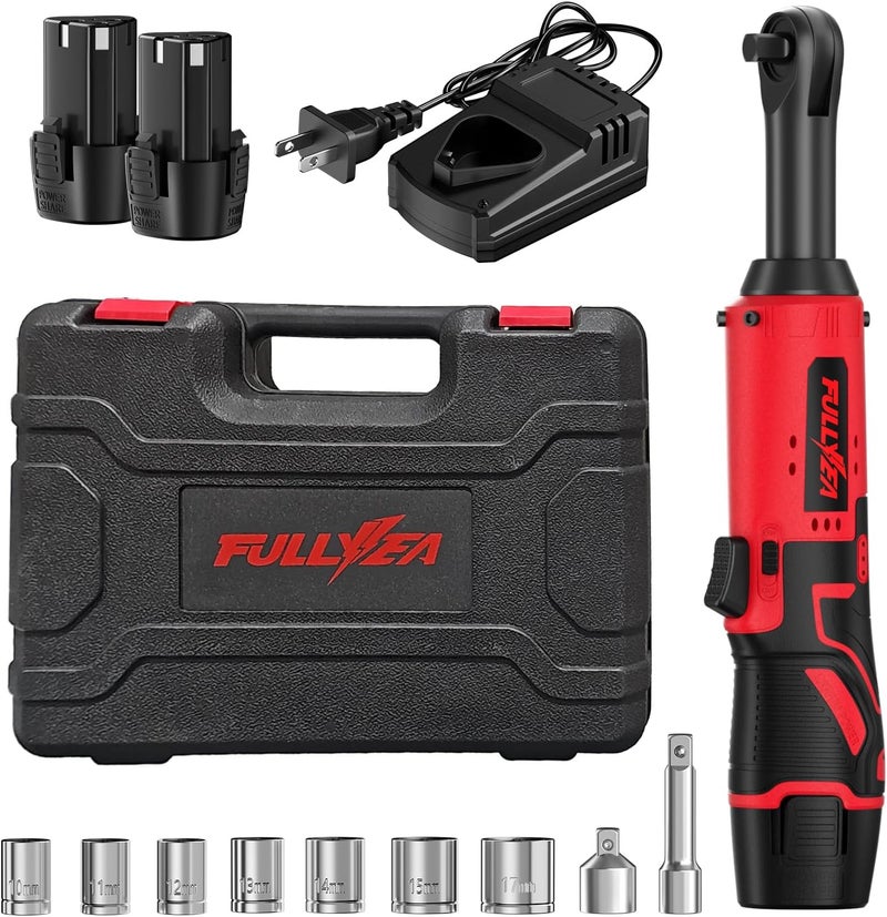FULLYEA Electric Ratchet Wrench Set,12V Cordless Ratchet Wrench 3/8", 400 RPM Power Ratchet Tool Kit with LED Light, 7 Sockets, 1/4" adapter, 2 Packs 2000mAh Lithium-Ion Battery and Fast Charger - Image 1